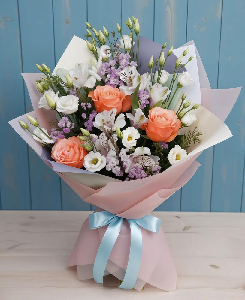 Букет цветов из: Лизиантусы, Розы, Альстромерии и Гипсофила в Могоче